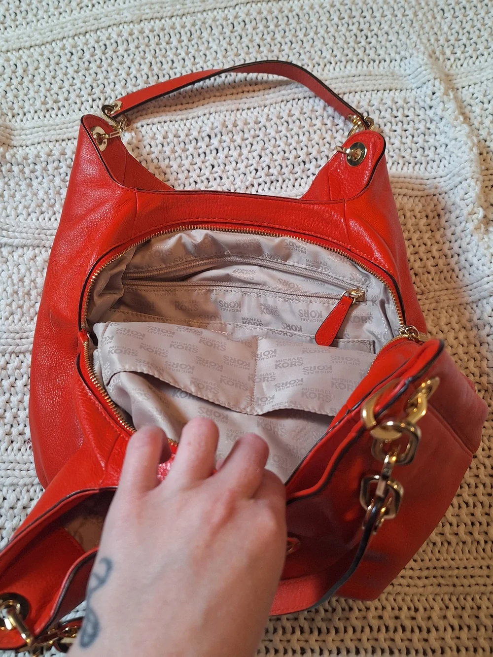 Michael Kors Red Leather Shoulder Bag with Gold Hardware